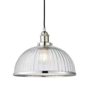 Image of Hanging Ceiling Pendant Light Nickel & RIBBED GLASS Dome Bowl Lamp Shade Holder
