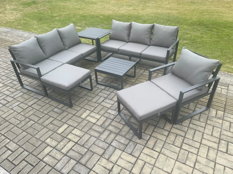 Image of Fimous Aluminium Outdoor Lounge Sofa Set Garden Furniture Sets with Square Coffee Table Chair 2 Big Footstools Side Table Dark Grey Dark Grey Unisex
