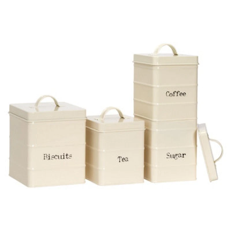 Image of Harbour Housewares 4 Piece Kitchen Canisters Set - Cream - Vintage Metal Storage Caddy Tin Jar
