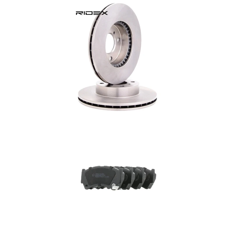 Image of RIDEX 3405B2985 Brake disc and pads set Front Axle, Brake Disc Type: internally vented, with acoustic wear warning Brake Set,disc brakes (3405)