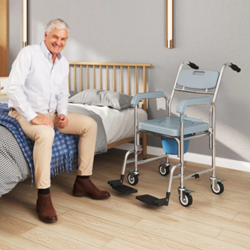Image of HOMCOM 4 in 1 Shower Chair with Wheels, Bedside Commode Wheelchair, Grey Grey Unisex