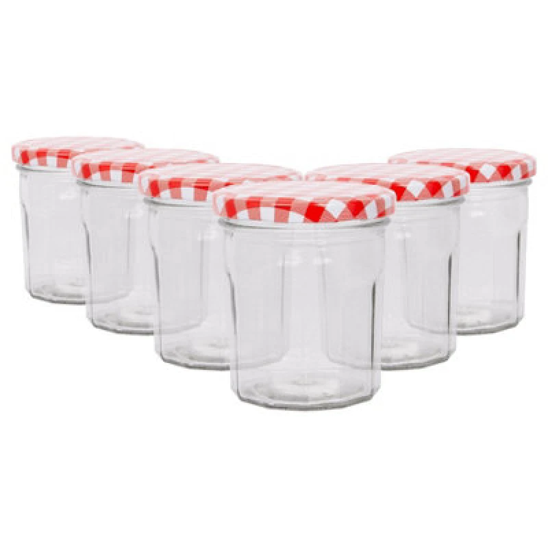 Image of Argon Tableware Glass Jam Jars With Red Gingham Lids - 250ml - Pack Of 6