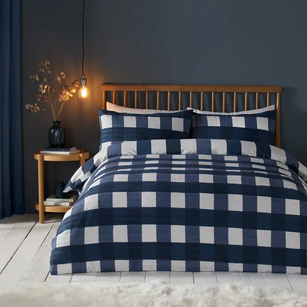 Image of Fusion Snug Seersucker Gingham Check Navy Duvet Cover and Pillowcase Set Navy