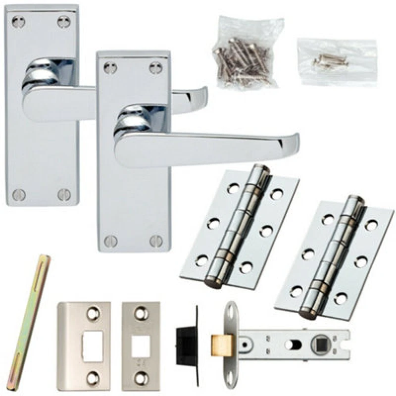 Image of Loops Door Handle & Latch Pack Chrome Victorian Straight Lever on Plate Complete Set Multi