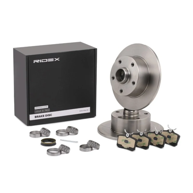 Image of RIDEX 3405B0383 Brake disc and pads set Rear Axle, Brake Disc Type: Solid, with ABS sensor ring Brake Set,disc brakes (3405)