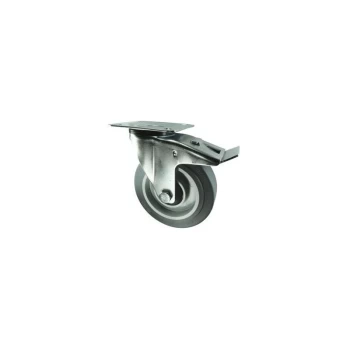 Image of Braked Swivel Plate 125MM Grey Rubber Tyre - Atlas Workholders
