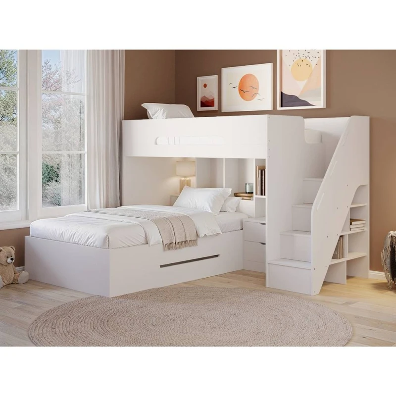 Image of Flair Greyson Staircase Triple Bunk Bed with Storage in White Size: Small Double White Unisex Small Double