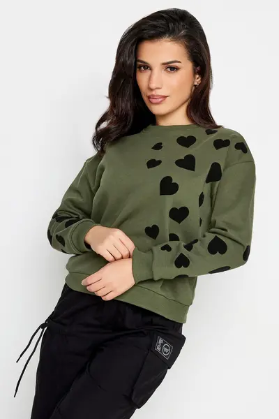 image of PixieGirl Petite Heart Print Sweatshirt Olive