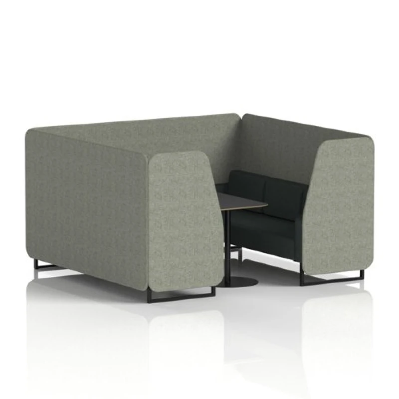 Image of Brixworth 6 Seater Office Booth with Front Panel - Black Legs and Black Table with Black Leg in Rivet Fabric - Vitreous Panels and Charcoal Sofa