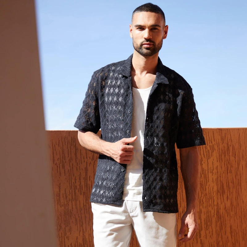 Image of Threadbare 'Glass' Cotton Revere Collar Textured Short Sleeve Shirt Black