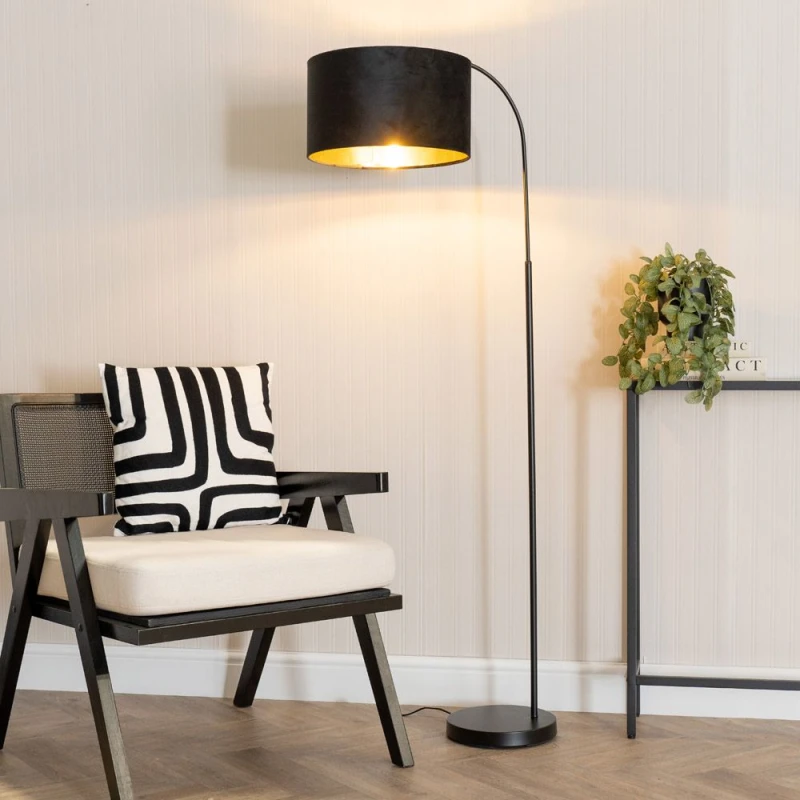 Image of ValueLights ValueLights Curva Black Arched Floor Lamp with Black Velvet and Gold Inner Lamp Shade Black One Size Unisex 5059406061301