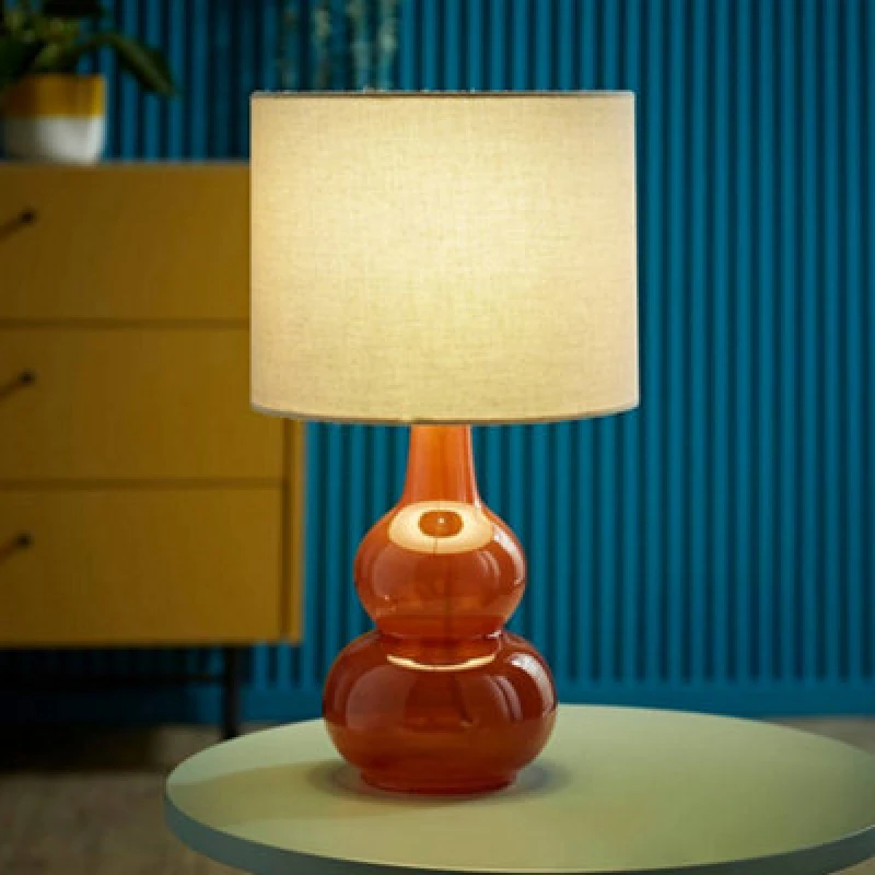 Image of ValueLights ValueLights Maguire Natural Linen Shade Burnt Orange Glass Table Lamp Burnt Orange One Size Unisex 5016529271215