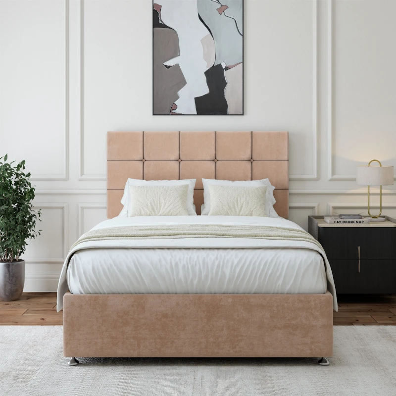 Image of Bedmaster Bedmaster Luxury Velvet 2 Drawer Divan Base And Square Headboard in Light Brown Size: Super King Light Brown Super King Unisex 78678672752