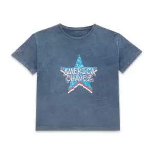 Image of Marvel Dr Strange America Chavez Star Womens Cropped T-Shirt - Navy Acid Wash - L