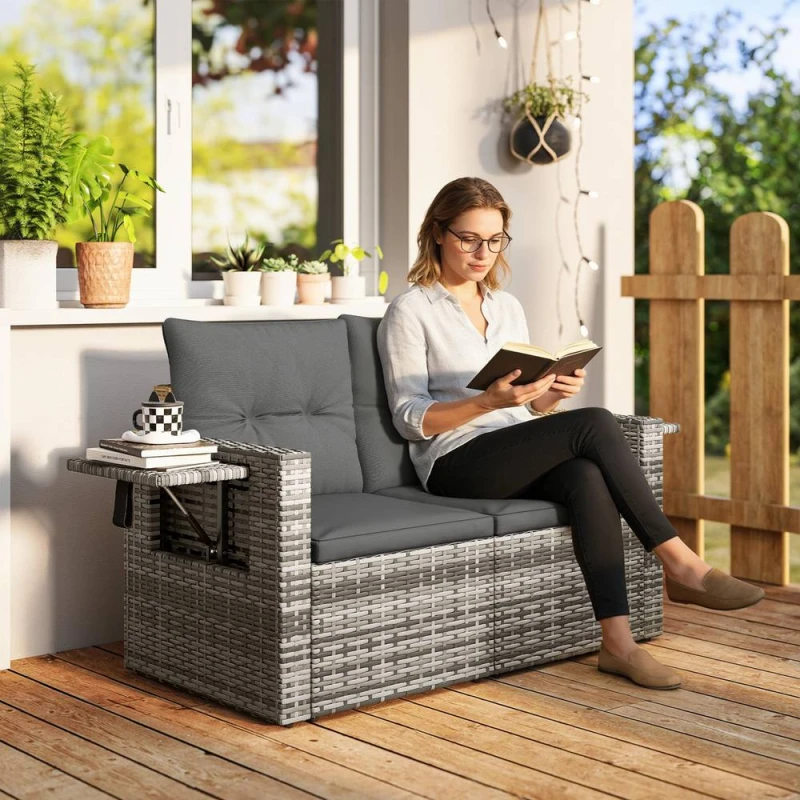 Image of OUTSUNNY Rattan Garden Sofa with Hidden Side Trays 2 Seater, Dark Grey Size: 2 Seater Dark Grey Unisex 2 Seater