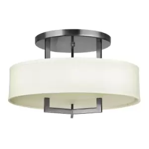 Image of 3 Bulb Semi Flush Light Off White Linen Drum Shade Antique Nickel LED E27 75W