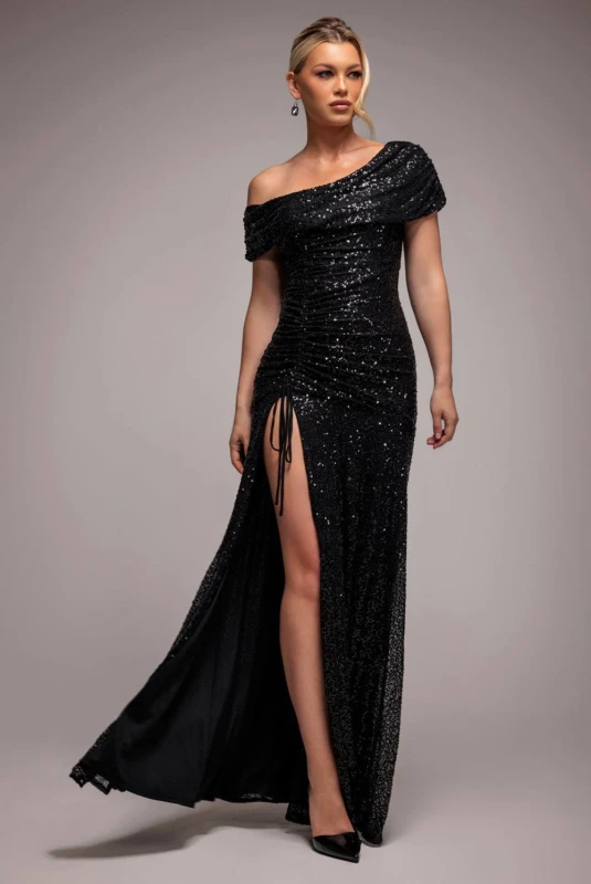 Image of Goddiva Womens Off The Shoulder Sequin Cowl Drawstring Maxi Dress in Black Size: 10 Black Female 10
