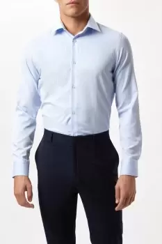 Image of Mens Blue Long Sleeve Slim Fit Herringbone Collar Point Shirt