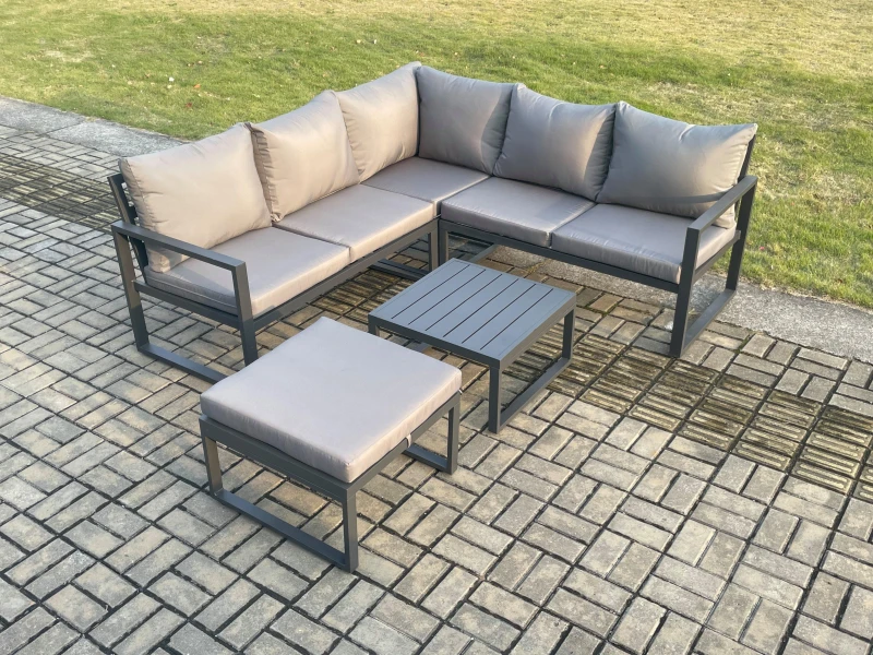 Image of Fimous Outdoor Garden Furniture Set Aluminium Lounge Sofa Square Coffee Table Sets with Big Footstool Set Dark Grey Dark Grey Unisex