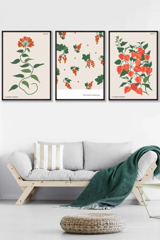 Image of ARTZE Set of 3 Black Framed Vintage Graphical Orange Flower Market Wall Art Size: W45cm x H62cm x D20mm Orange Unisex W45cm x H62cm x D20mm