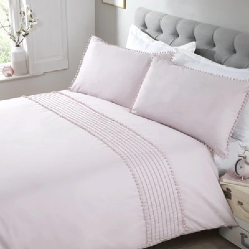 Image of Rapport Home Pom Poms Polycotton Duvet Cover Set With Pillowcase in Dusty Pink Size: Single Dusty Pink Unisex Single