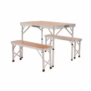 image of 3ft Folding Outdoor Camping Kitchen Wood Effect Work Top Table and Benches - Oypla