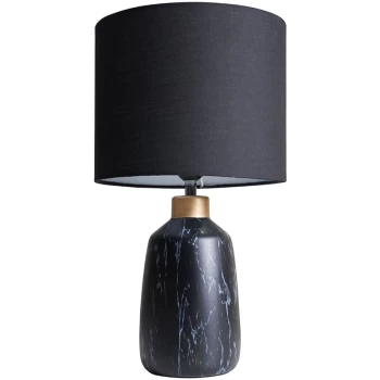 image of Black Marble Effect Table Lamp With Fabric Drum Lampshade - Black