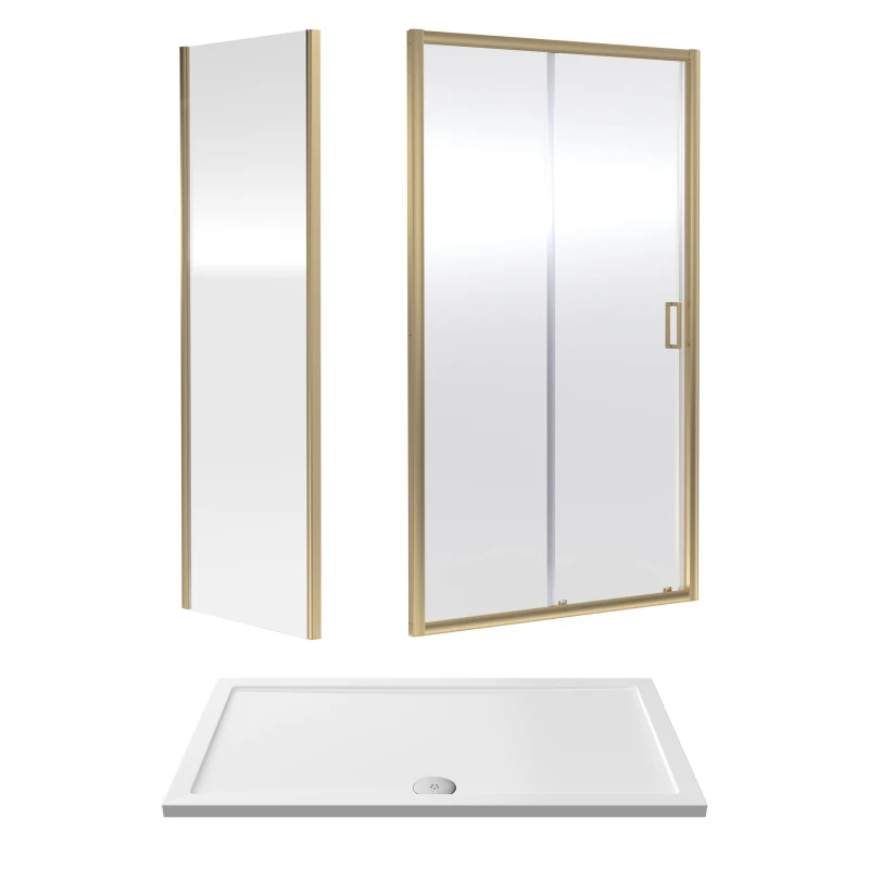 Image of Balterley Ruwa Sliding Shower Suite: 6mm Glass Tray Door Panel 1400x800mm Brass in Metallics Metallics Unisex