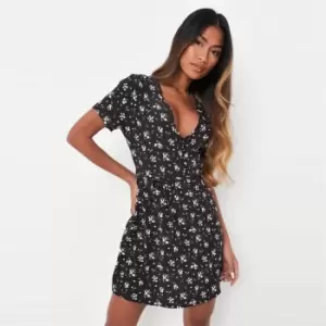 image of Missguided Button Printed Tea Dress - Black