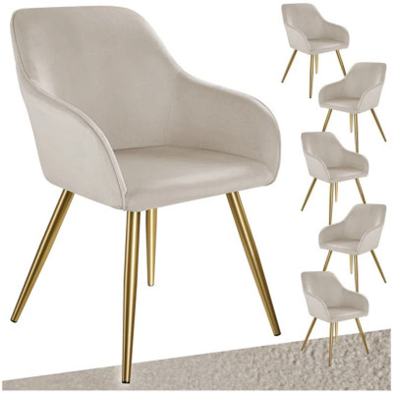 Image of Tectake Set Of 6 Chair Marilyn With Velvet Cover, Gold Steel Legs And Plush Padding - Taupe/gold