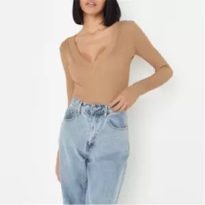 Image of Missguided Skinny Rib Knitted V Neck Body - Brown
