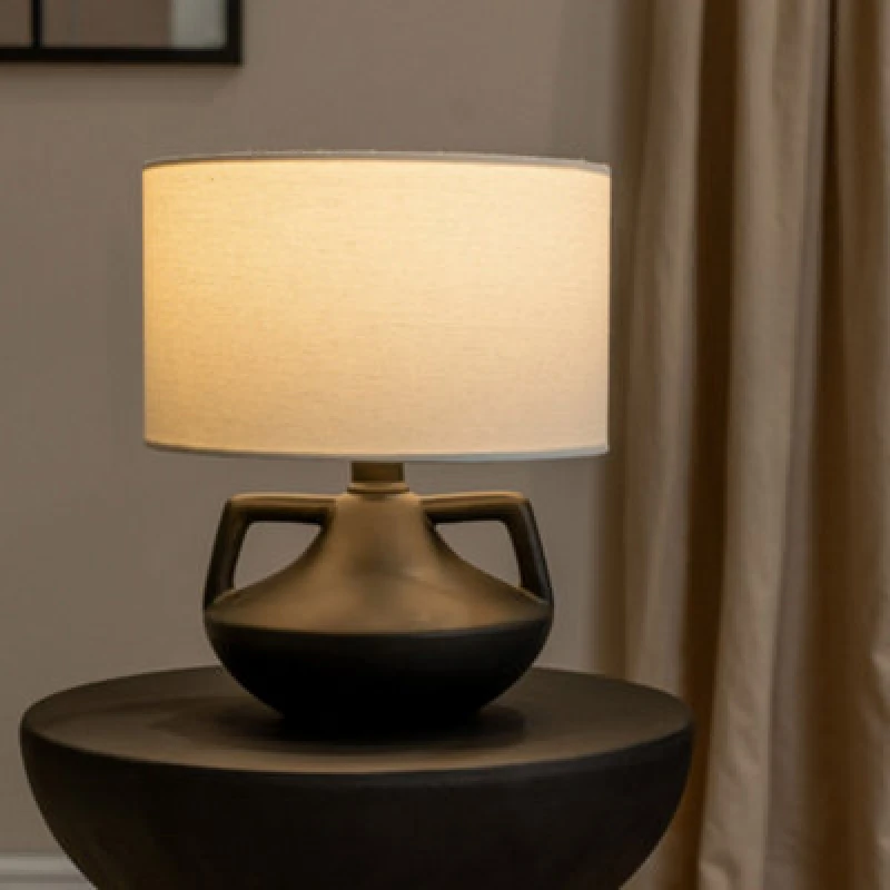 Image of ValueLights ValueLights Zoe Linen Drum Lamp Shade Matte Black Ceramic Vase Table Lamp Black One Size Unisex 5016529271857