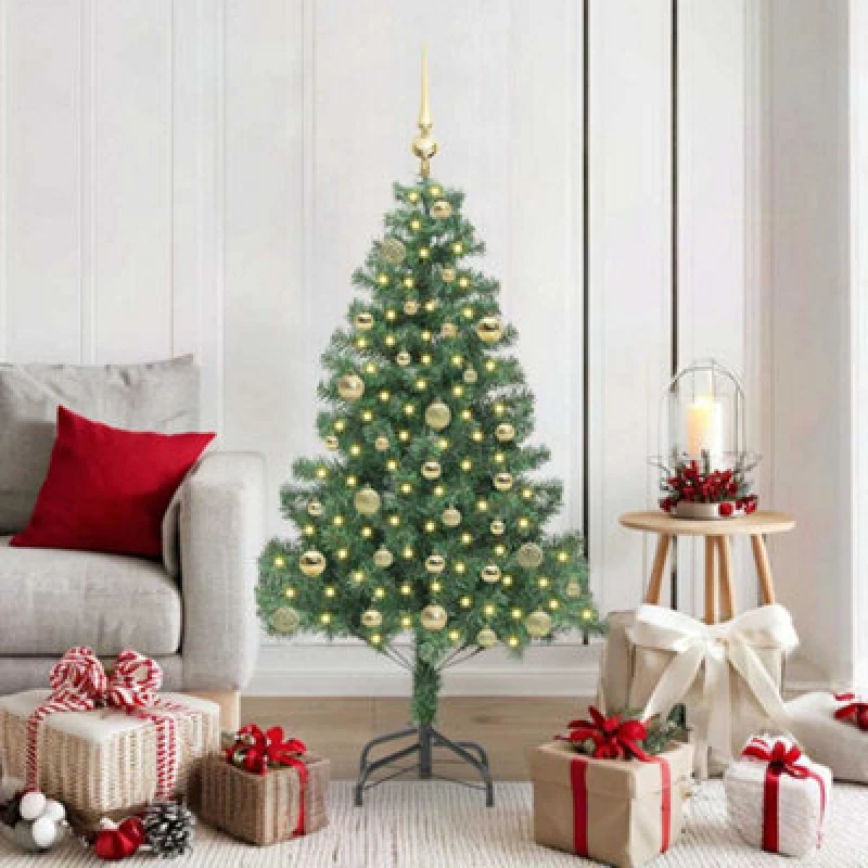 Image of vidaXL Christmas Tree with 150 LEDs, Gold Balls with Stand Green 150cm PVC, Green 3396371