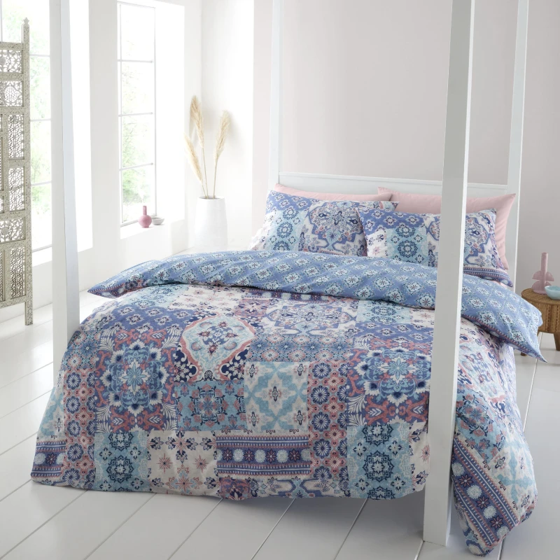 Image of Catherine Lansfield Catherine Lansfield 'Boho Patchwork' Duvet Set in Blue Size: Single Blue Single Unisex 5057681106793