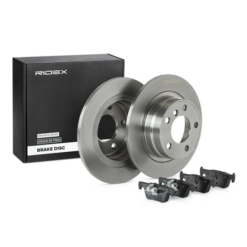Image of RIDEX 3405B0865 Brake disc and pads set Rear Axle, Brake Disc Type: Solid, prepared for wear warning indicator, with piston clip Brake Set,disc brake