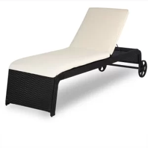 image of Poly Rattan Sun Lounger Black/Cream 200x60x40cm with Wheels