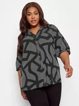 Image of Yours Notch Neck Buton Thru Blouse Abstract Stripe, Black, Size 16, Women