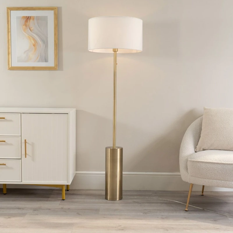 Image of ValueLights Lexy Fabric Drum Shade with Antique Brass Dimmable Floor Lamp with LED Bulb White