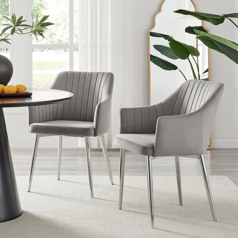 Image of FurnitureboxUK FurnitureboxUK Set of 2 Calla Deep Padded Dining Chairs Upholstered in Soft Velvet With Silver Chrome Legs in Grey Grey One Size Unisex