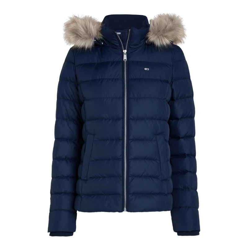 Image of Tommy Jeans Womens Essential Quilted Wind Resistant Faux Fur Hood RDS Down Short Puffer Jacket Twilight Navy female 8 (XS)