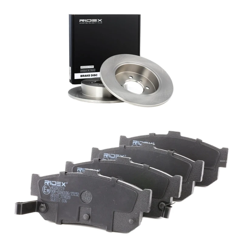 Image of RIDEX 3405B3349 Brake disc and pads set Rear Axle, Brake Disc Type: Solid, with acoustic wear warning Brake Set,disc brakes (3405)