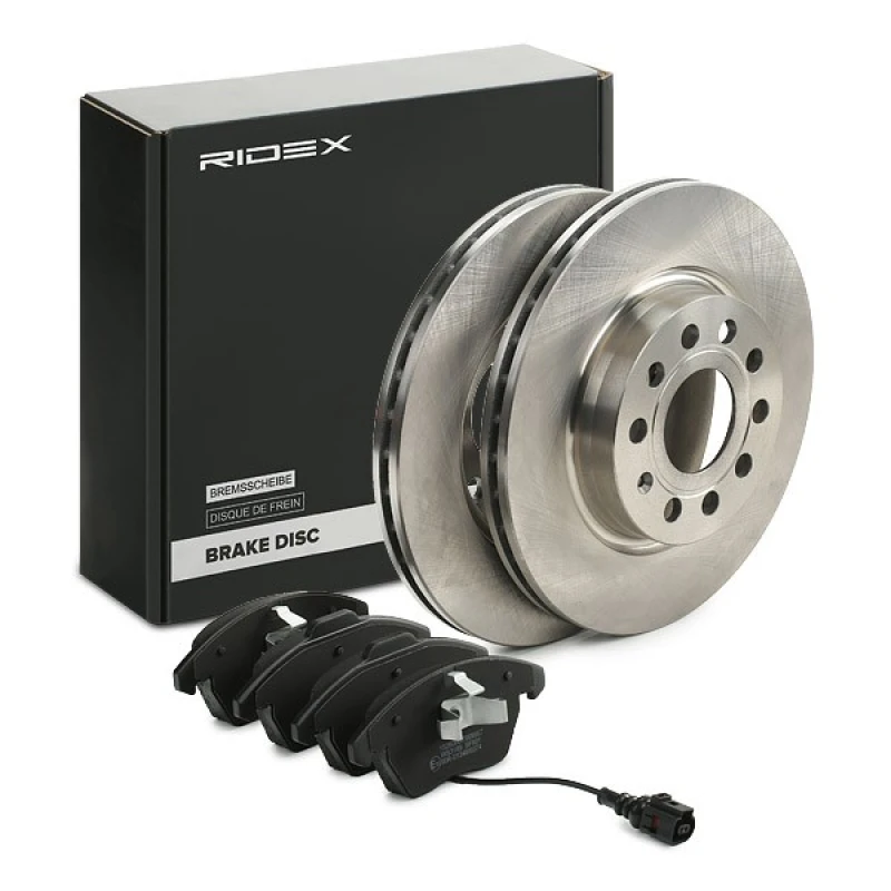 Image of RIDEX 3405B1130 Brake disc and pads set Front Axle, Brake Disc Type: internally vented, with integrated wear warning contact Brake Set,disc brakes (3