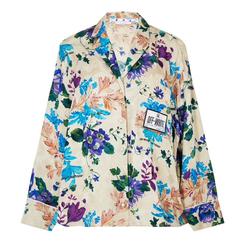 Image of Off White Womens Pyjama Floral Viscose Long Sleeve Shirt Sand/Multi female XS (38)