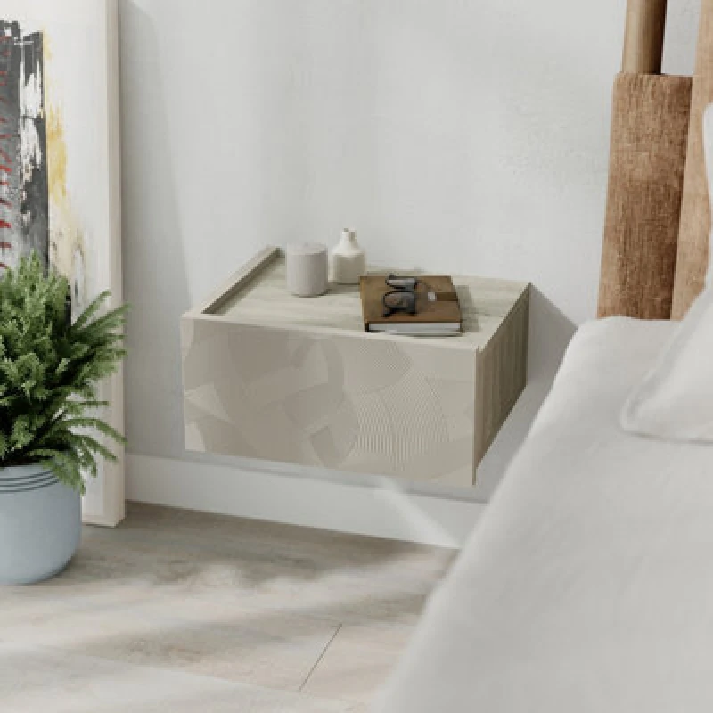 Image of Decortie Floating Bedside Table W/ Drawer Handleless Nightstand Wall-Mounted Storage Cabinet Space-Saver, Sandstone, Travertine