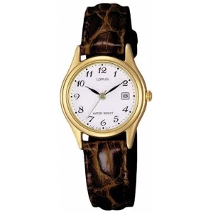 image of Lorus RXT94AX9 Ladies Gold Plated Brown Crocodile Print Leather Strap Watch