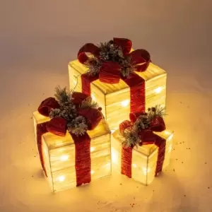 Image of Christmas Workshop Set of 3 LED Light Up Xmas Gift Boxes with Red Bows - Warm White