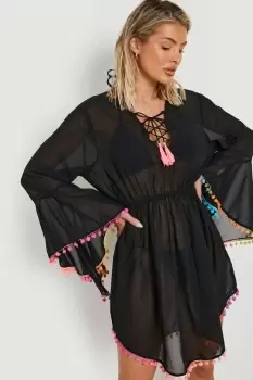 Image of Pom Pom Lace Up Beach Dress