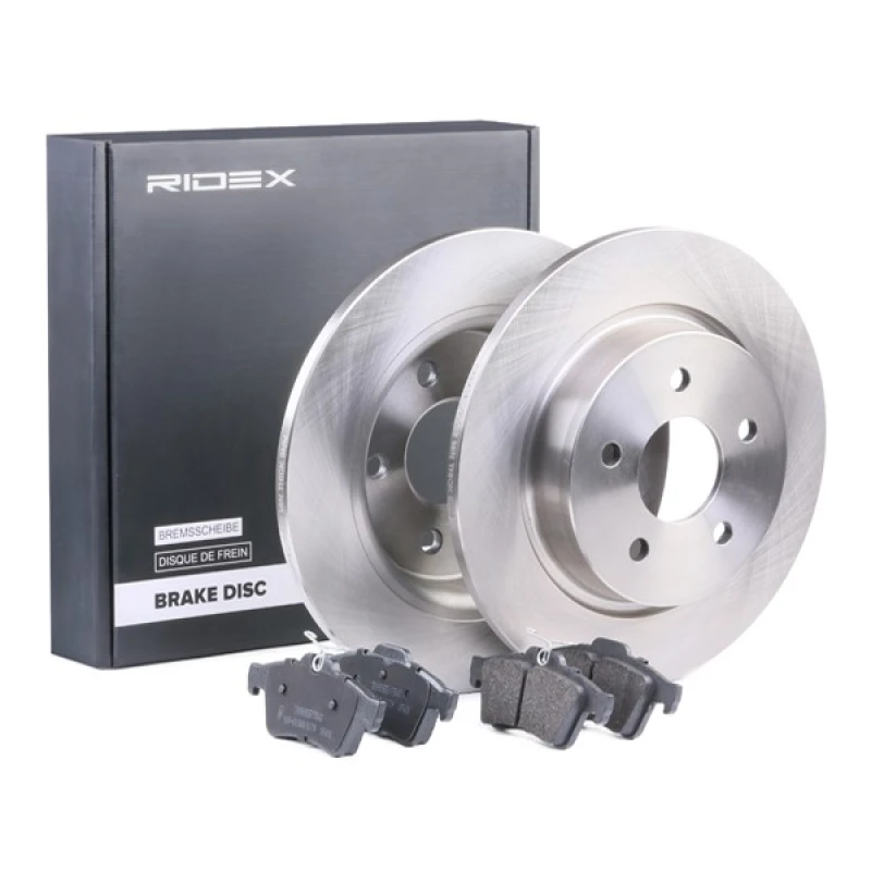 Image of RIDEX 3405B0013 Brake disc and pads set Rear Axle, Brake Disc Type: Solid, with anti-squeak plate Brake Set,disc brakes (3405)