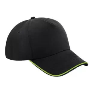 image of Beechfield Adults Unisex Authentic 5 Panel Piped Peak Cap (One Size) (Black/Lime Green)