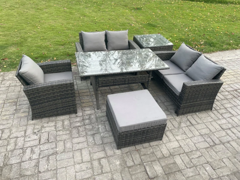 Image of Fimous 6 Seater Wicker Rattan Garden Dining Set Outdoor Furniture Sofa with Dining Table Double Seat Sofa Big Footstool Side Table in Dark Grey Dark G